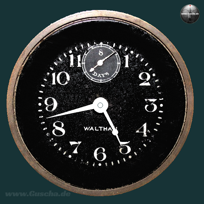 Frontansicht einer runden Uhr mit Messinggehäuse und schwarzem Ziffernblatt