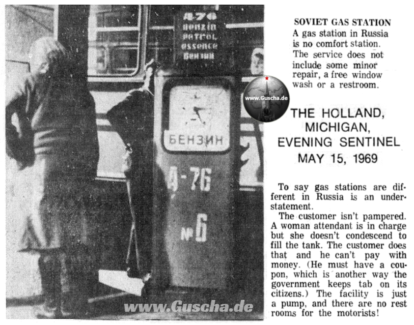 Zeitungsartikel zum Thema sowjetische Tankstelle mit s/w-Foto