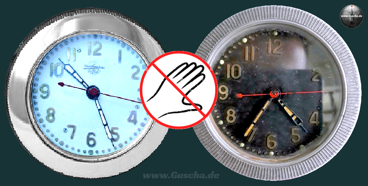 Zwei runde Unren in Fronansicht, weißes bzw. schwarzes Ziffernblatt