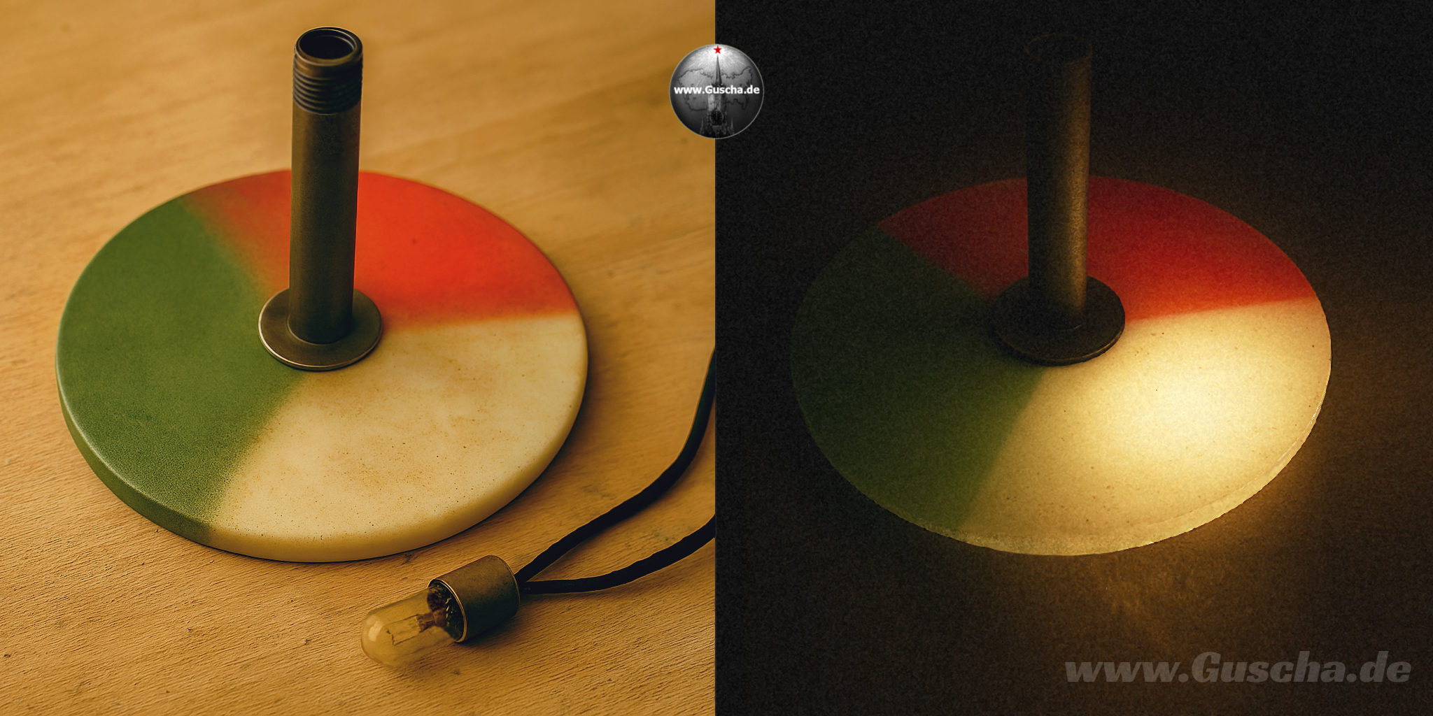 Dreifach gefärbte Kunststoffscheibe unbeleuchtet und beleuchtet.