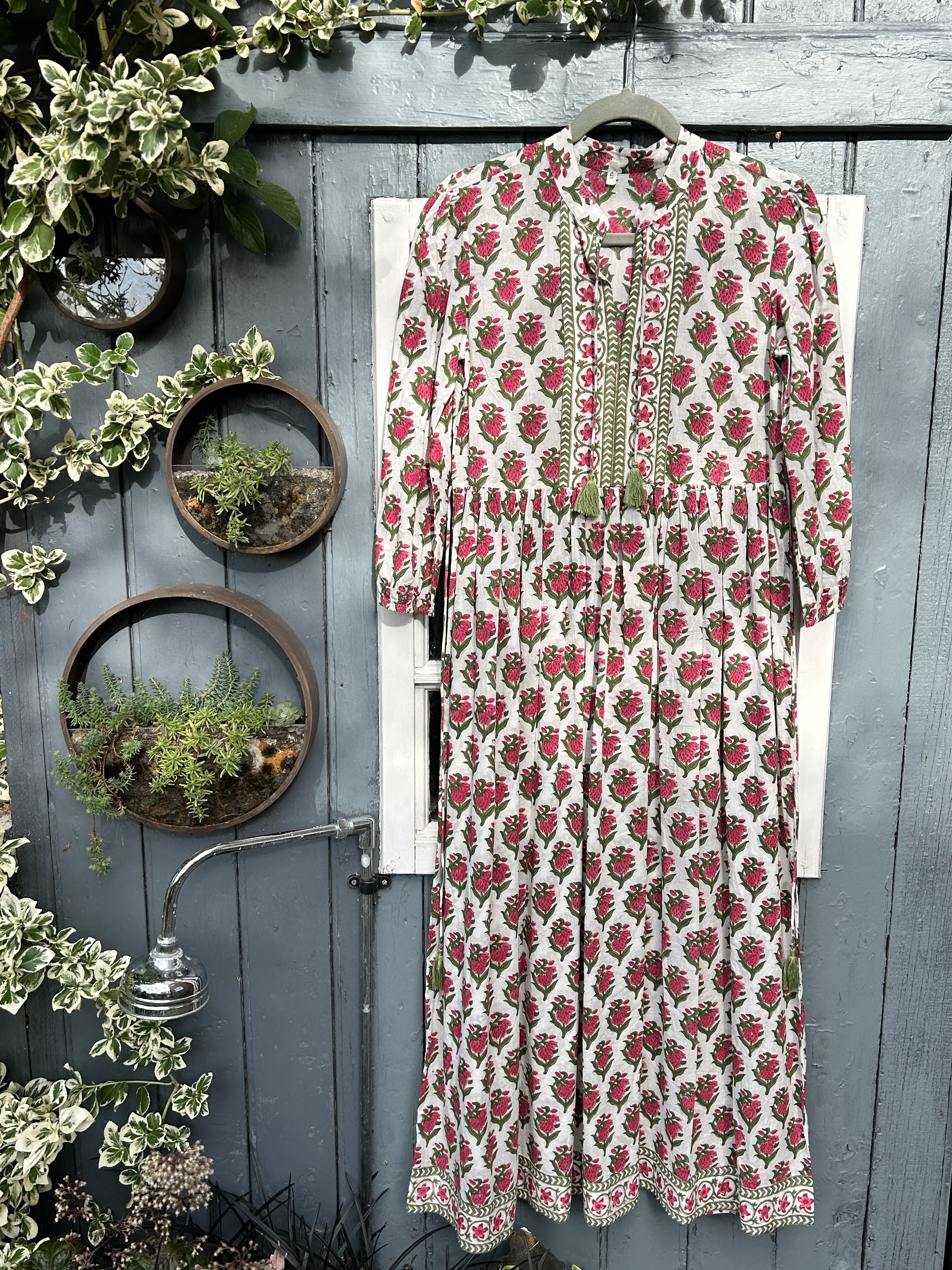 Rosie Kaftan with pink and green on white, Size XS, SAMPLE