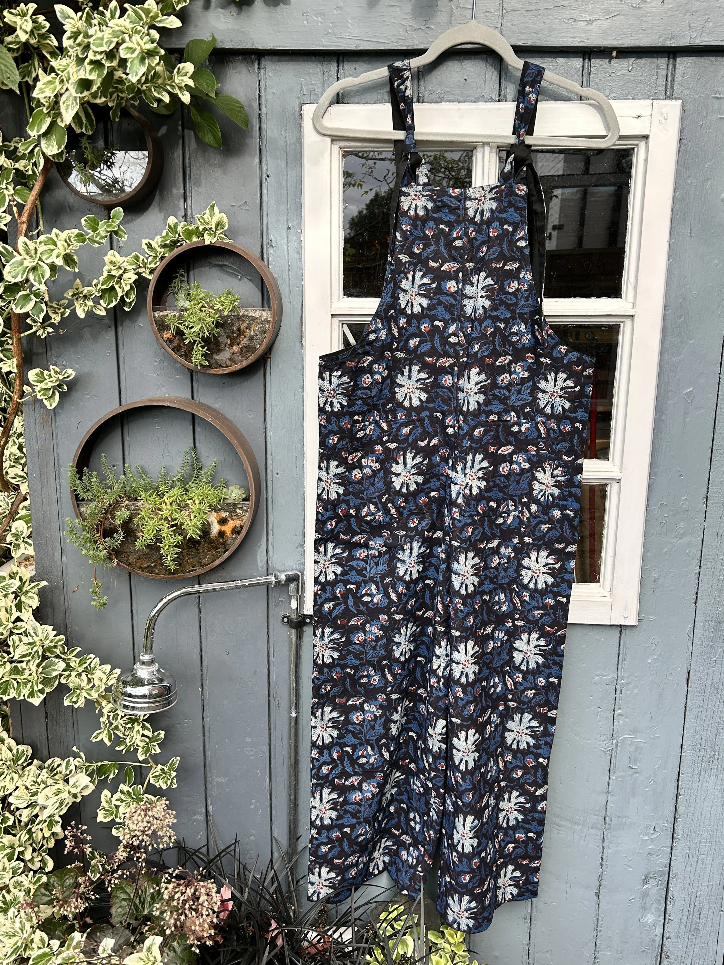 Billie Reversible Dungarees in abstract indigo patter, Size S, SAMPLE