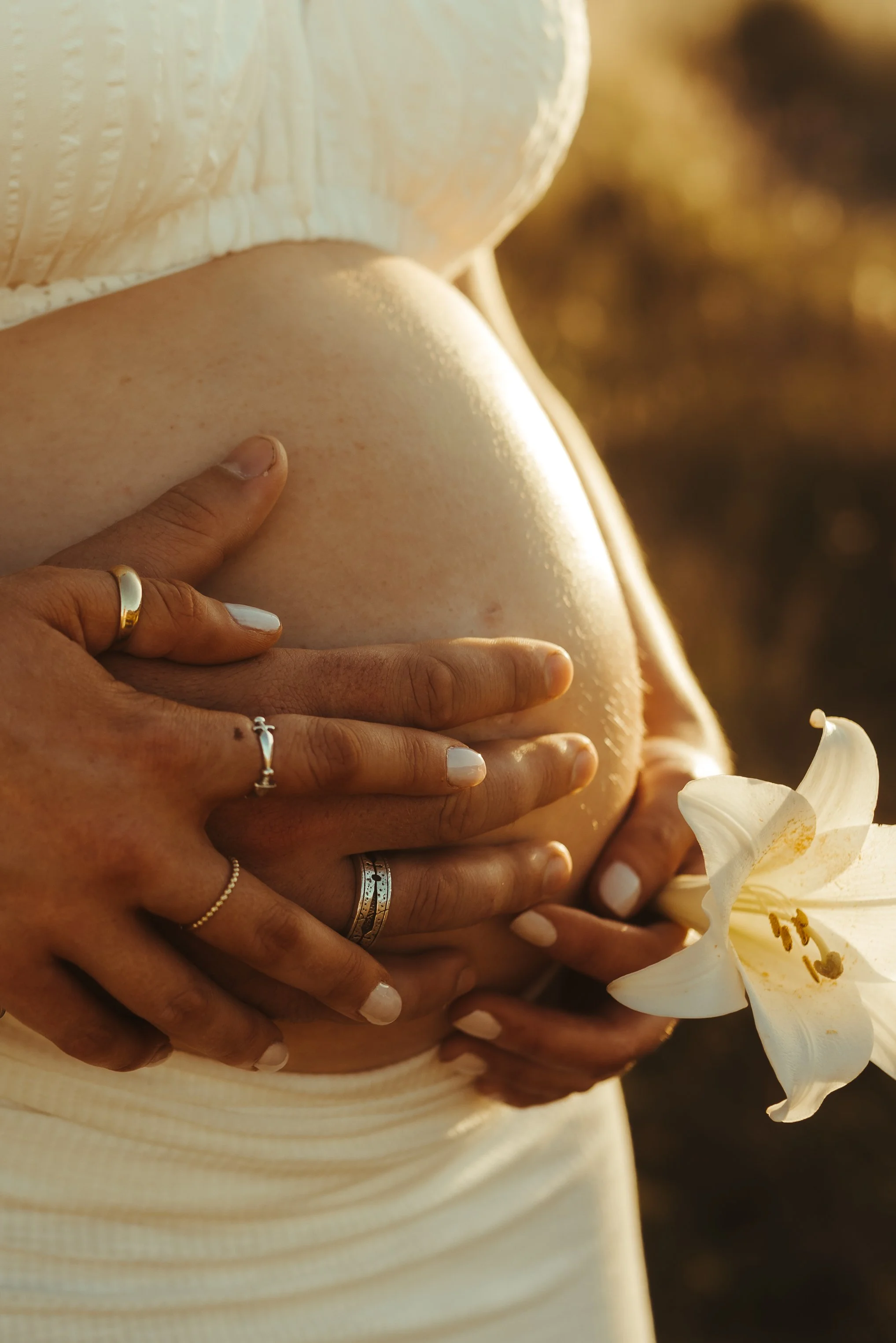 Close-up of hands gently holding a pregnant belly, with a white lily flower and rings on fingers, during sunset.