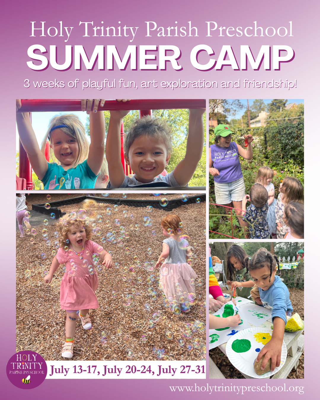 four pictures of joyful summer camp fun at Holy Trinity Parish Preschool summer camp