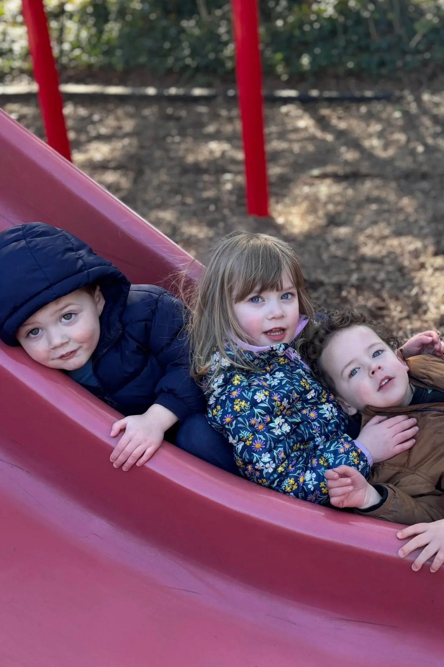 Four young children lying on a pink slide in a playground, outdoors with trees in the background.