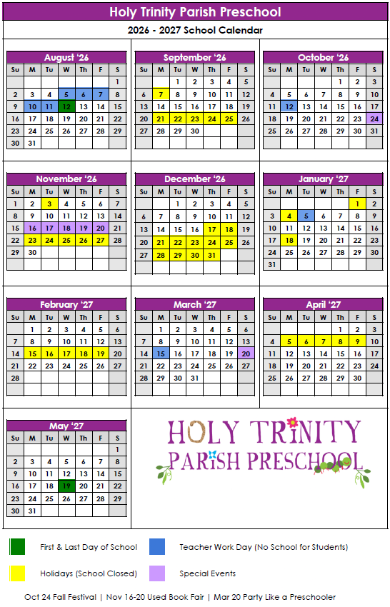 2026-2027 school calendar for Holy Trinity Parish Preschool showing months from August to May with color-coded events: green for first and last day of school, blue for teacher work days, yellow for holidays, and purple for special events.