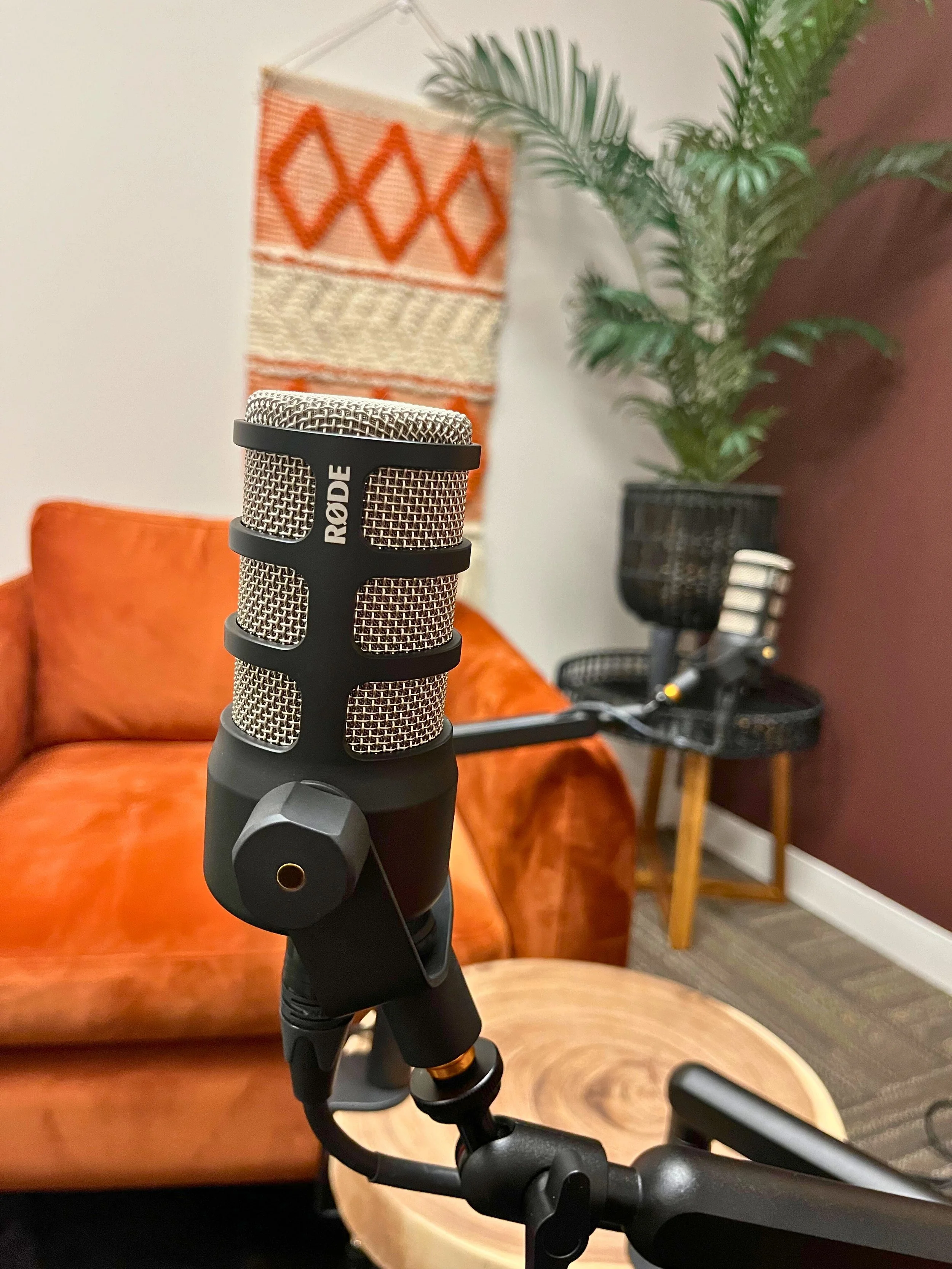 Our media room is equipped for podcast and video recordings. It features two love seats against a chocolate brown backdrop, microphones, and all necessary production equipment for a successful recording.
