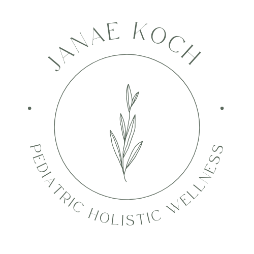 Logo for Janae Koch Pediatric Holistic Wellness featuring a simple leaf design inside a circle.