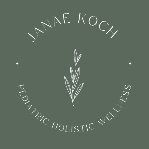 Logo for Janae Koch Pediatric Holistic Wellness featuring a minimalist leaf design on a green background.
