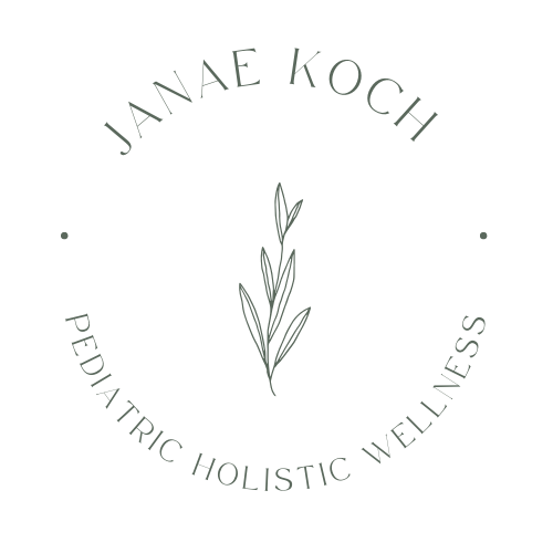 Logo with text "Janae Koch Pediatric Holistic Wellness" surrounding a minimalist branch design.