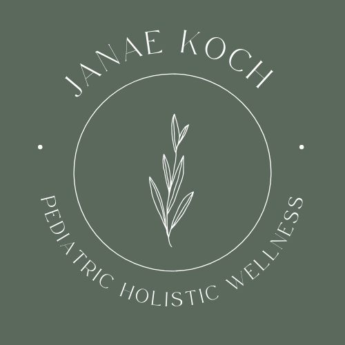 Logo for Janae Koch Pediatric Holistic Wellness featuring a circular design with a plant illustration in the center, and text around the circle on a green background.