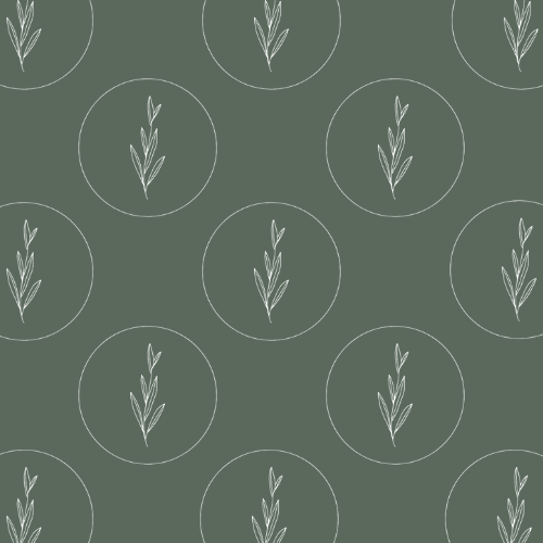 Seamless pattern with white outline botanical designs inside circles on a dark green background.