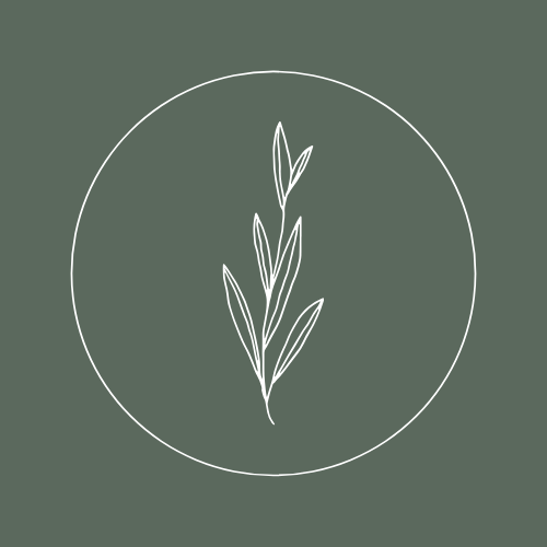 Minimalist line drawing of a plant with leaves inside a circle, on a dark green background.