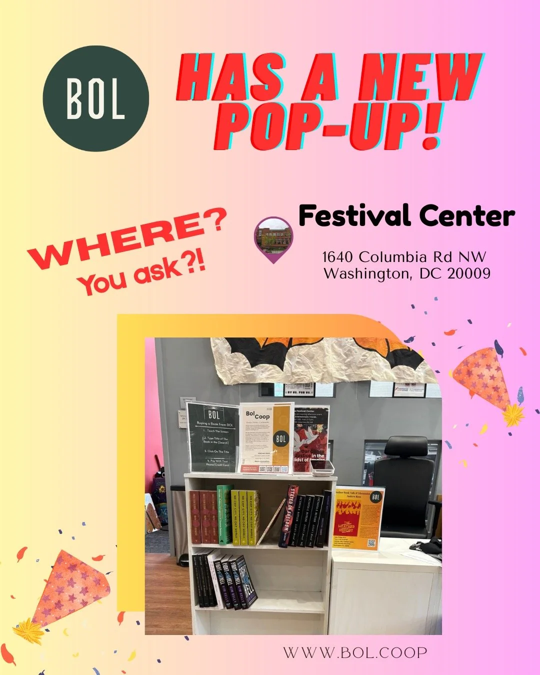 Friends, we have big news!
BOL has a brand-new pop-up at the Festival Center (1640 Columbia Rd NW) in DC!!! Come and visit us.
#BookCommunity #WorkerOwned #bookstore #bookstoresdc #IndependentBookstore #IndieBookstore #ShopLocal #BuyLocal #DC