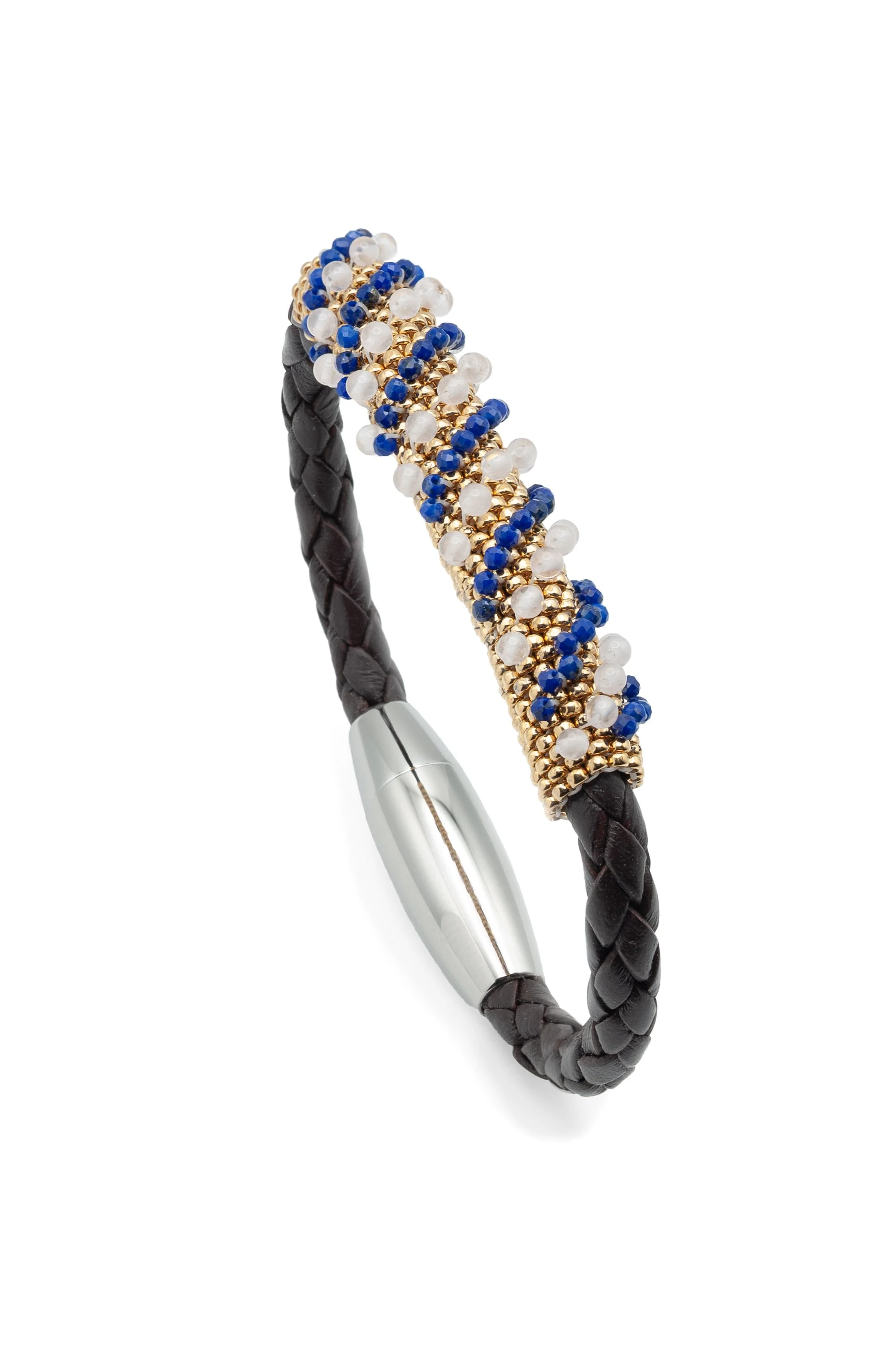 Rose Quartz-Lapis Lazuli Antique Brown Braided Leather Bracelet