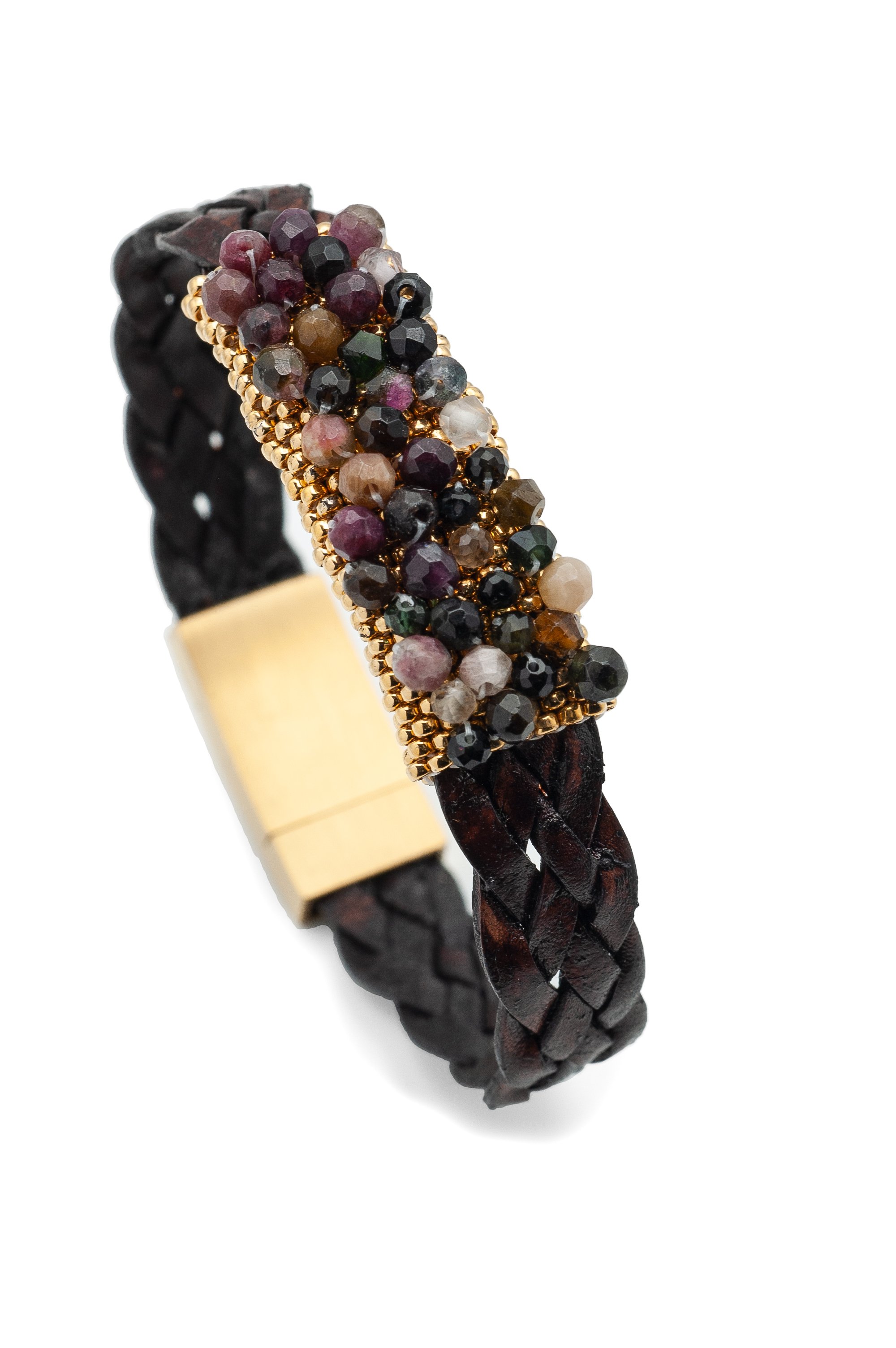 Multicolored Tourmaline-Antique Brown Braided Leather Bracelet
