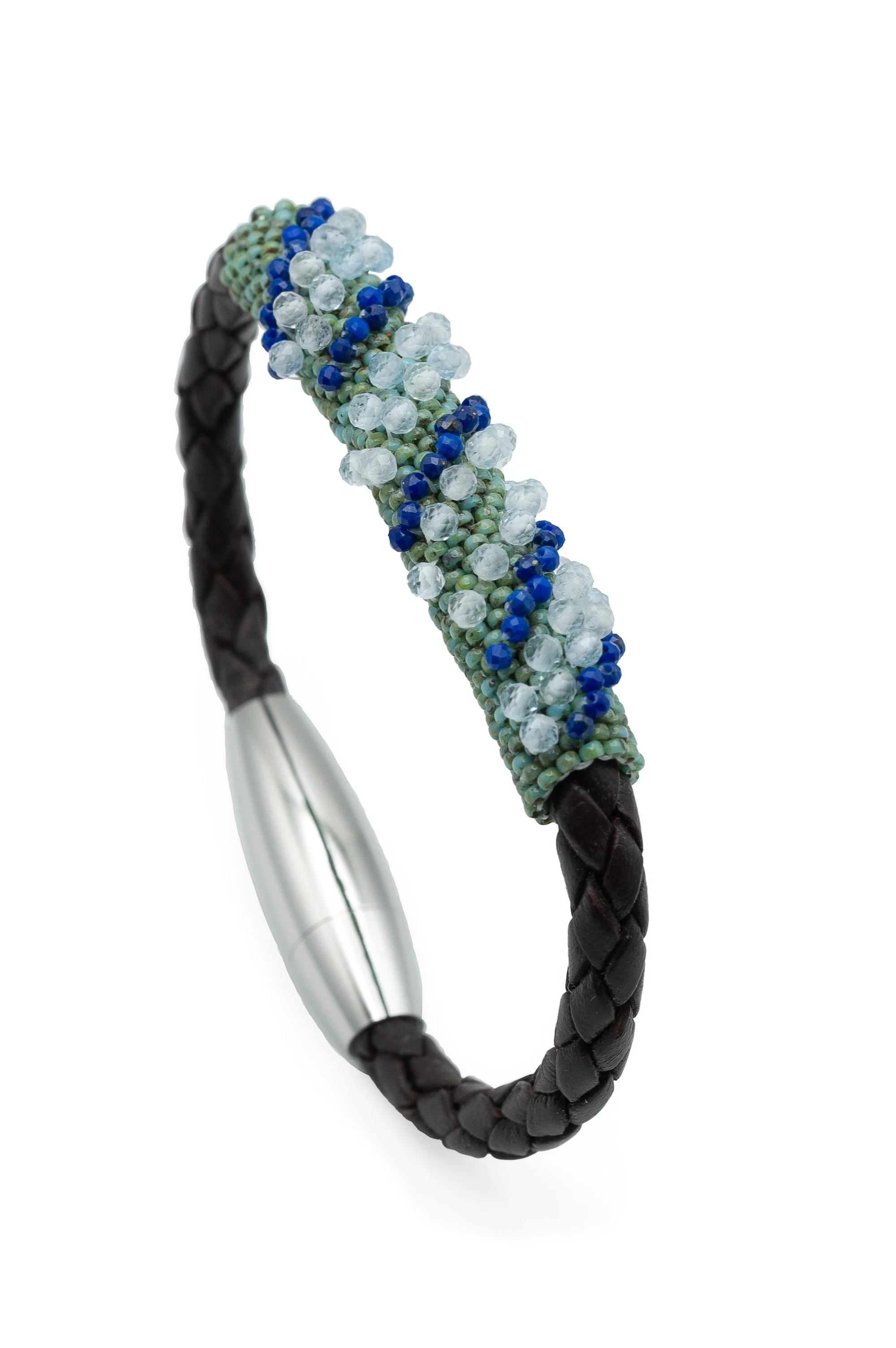 Aquamarine-Lapis Lazuli Antique Brown Braided Leather Bracelet