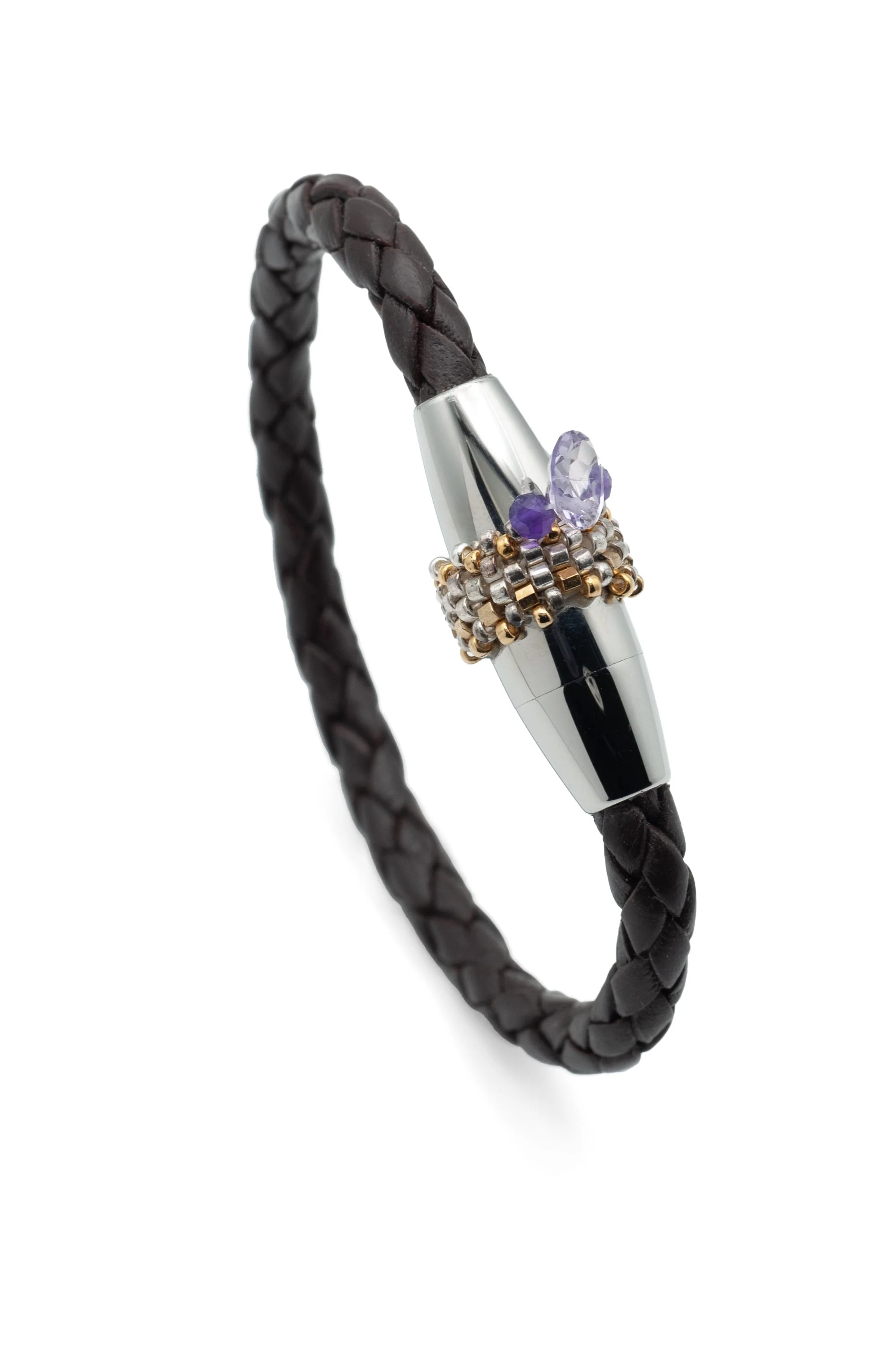 Amethyst Antique Brown Braided Leather Bracelet