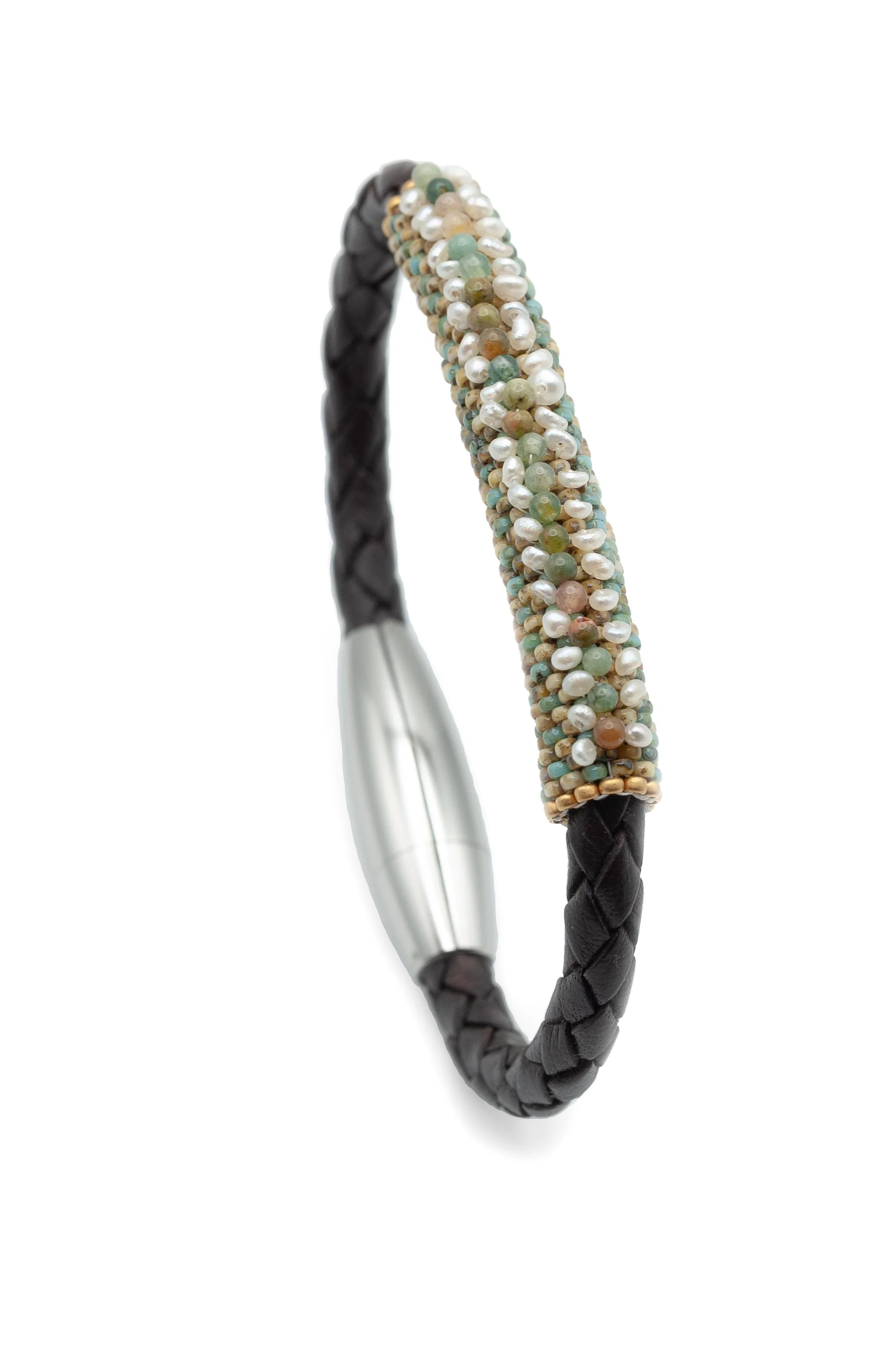 Freshwater Seed Pearls-Agate-Antique Brown Braided Leather Bracelet