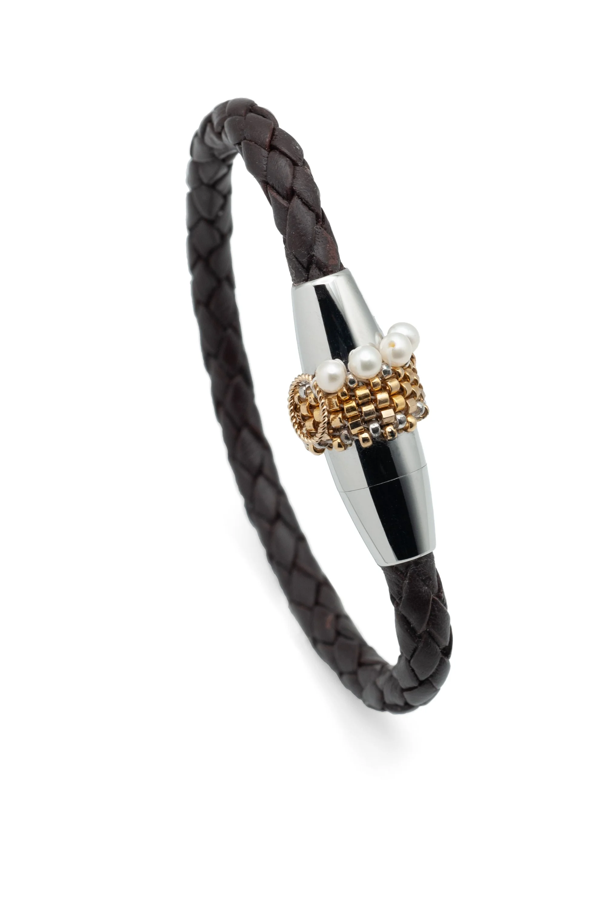 Pearl Antique Brown Braided Leather Bracelet