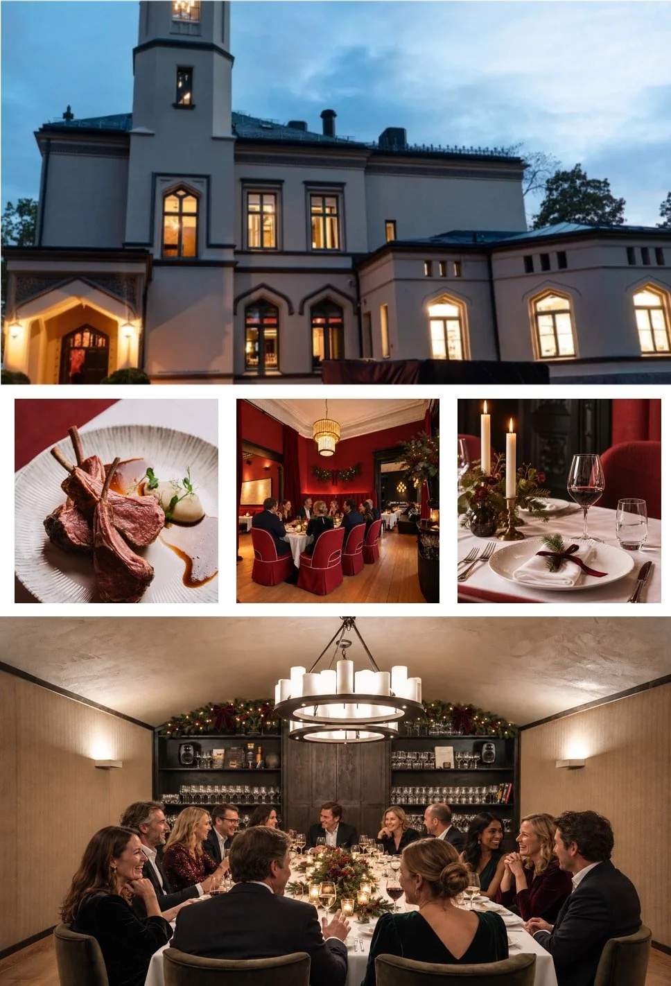 Julebord på Villa Heftye i Oslo – villaens fasade, mat og gjester rundt julepyntede bord med hvite duker i de lune selskapsrommene.