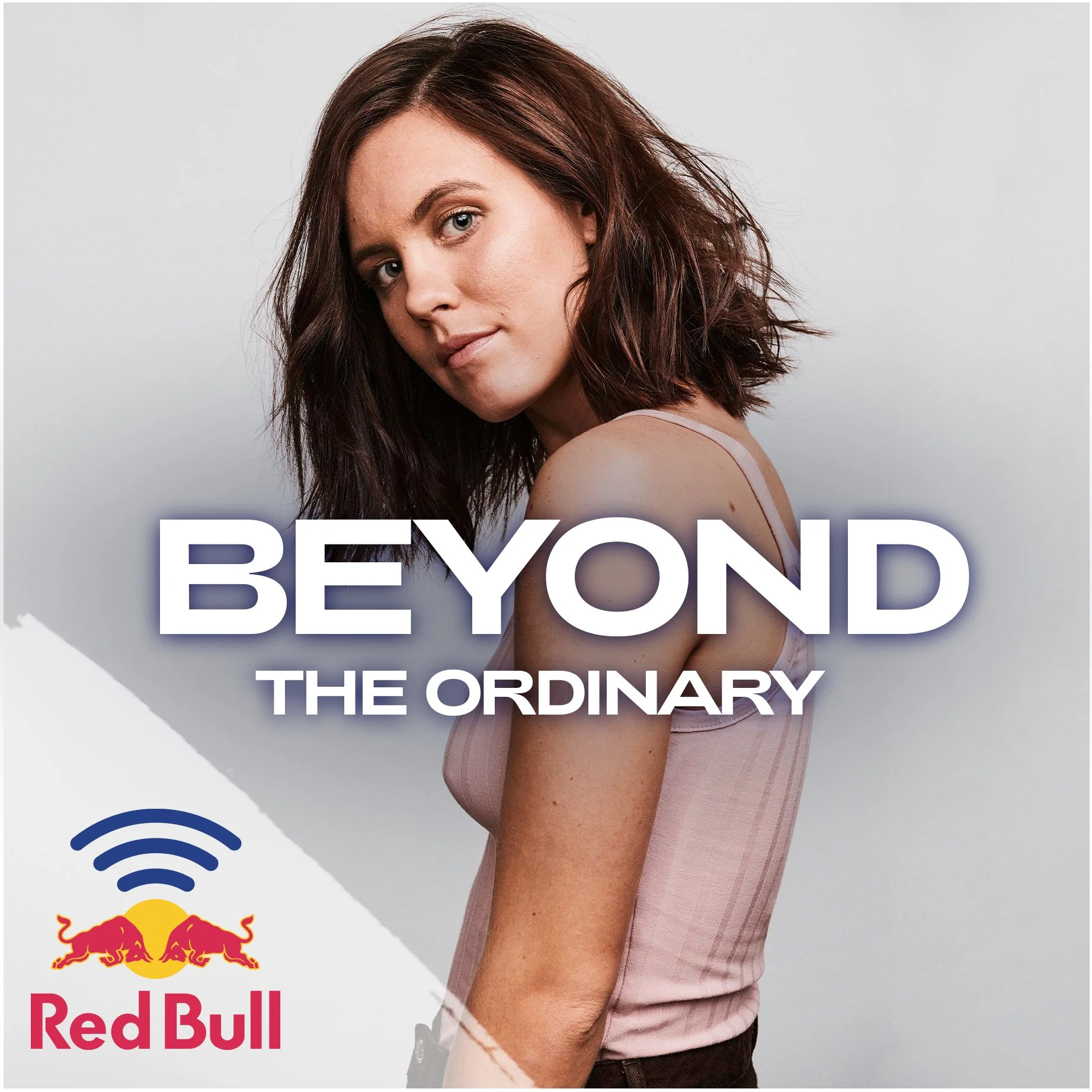 Beyond Ordinary podcast image. Profile photo of woman with brown shoulder length hair and pink singlet. Red Bull logo in bottom left corner.