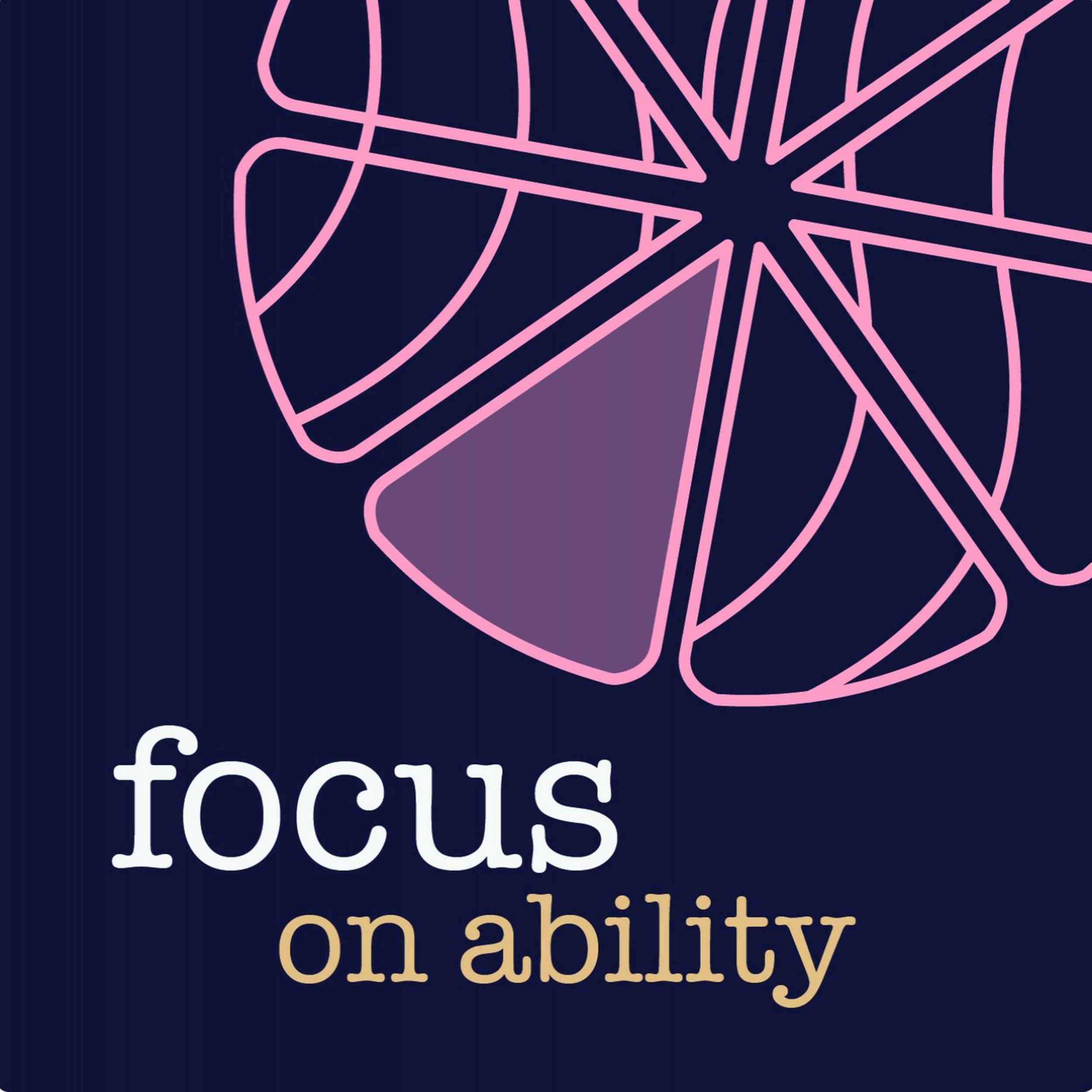 Focus On Ability podcast image. Abstract line drawing representing a wheel or a flower with petals. One petal is shaded differently, like a segment in a pie chart.