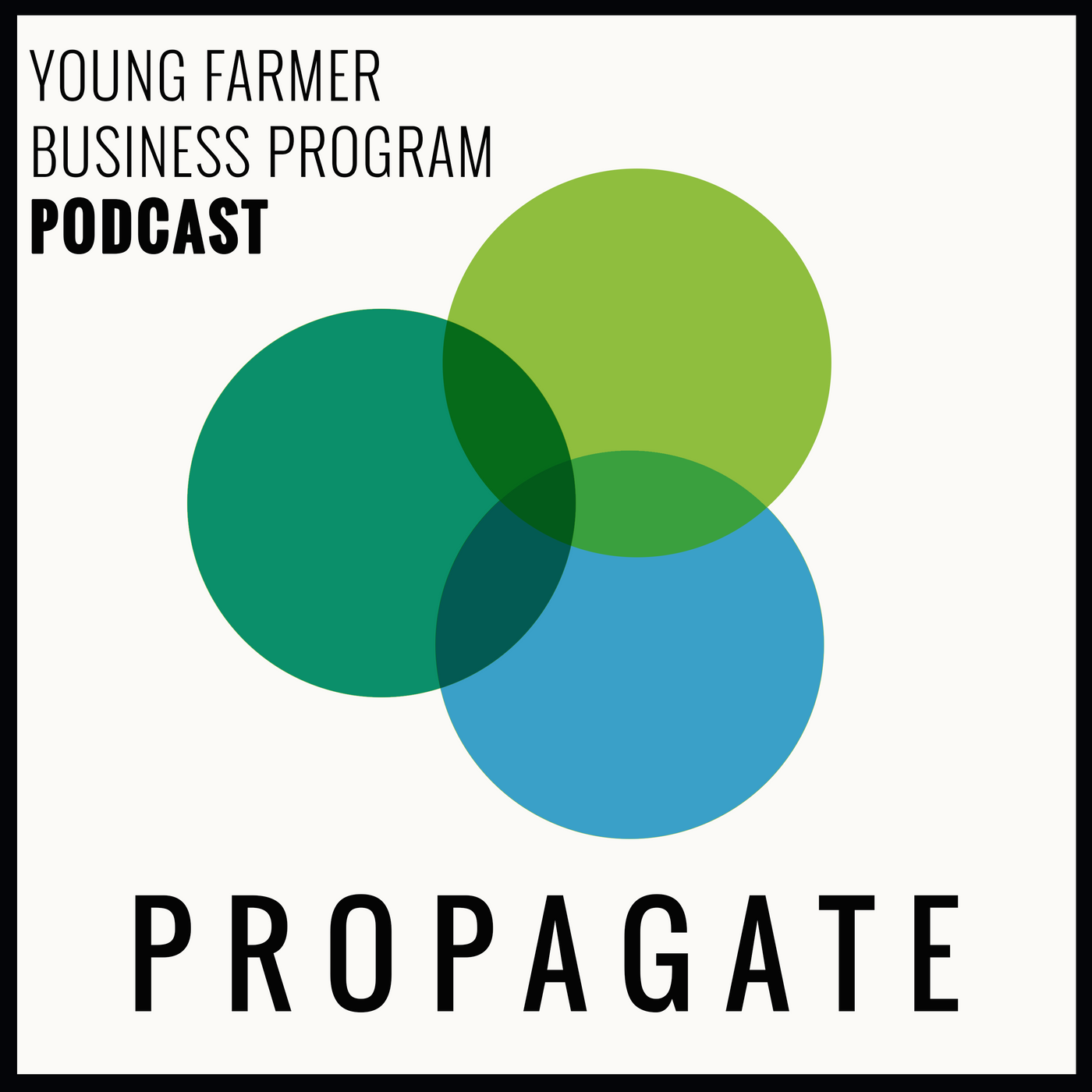 Propagate podcast image. Three green and blue circles overlap to make an abstract pattern. It says Young Farmer Business Program Podcast in the top left corner.