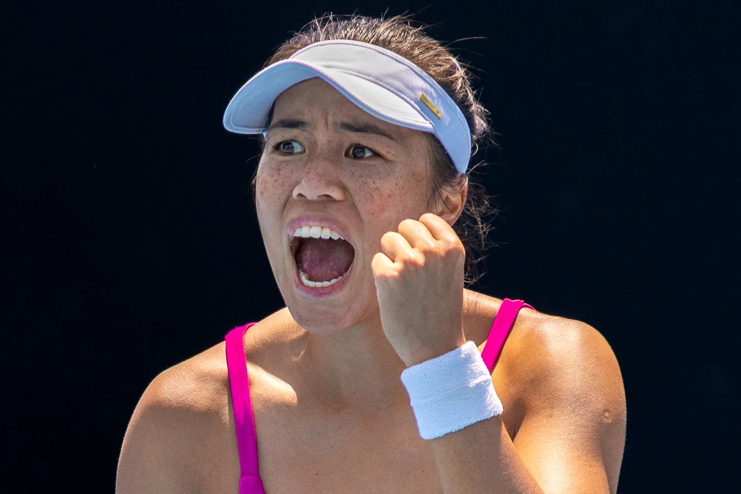 2026 Australian Open - Lizette Cabrera celebrating after winning her first-round qualifying match.