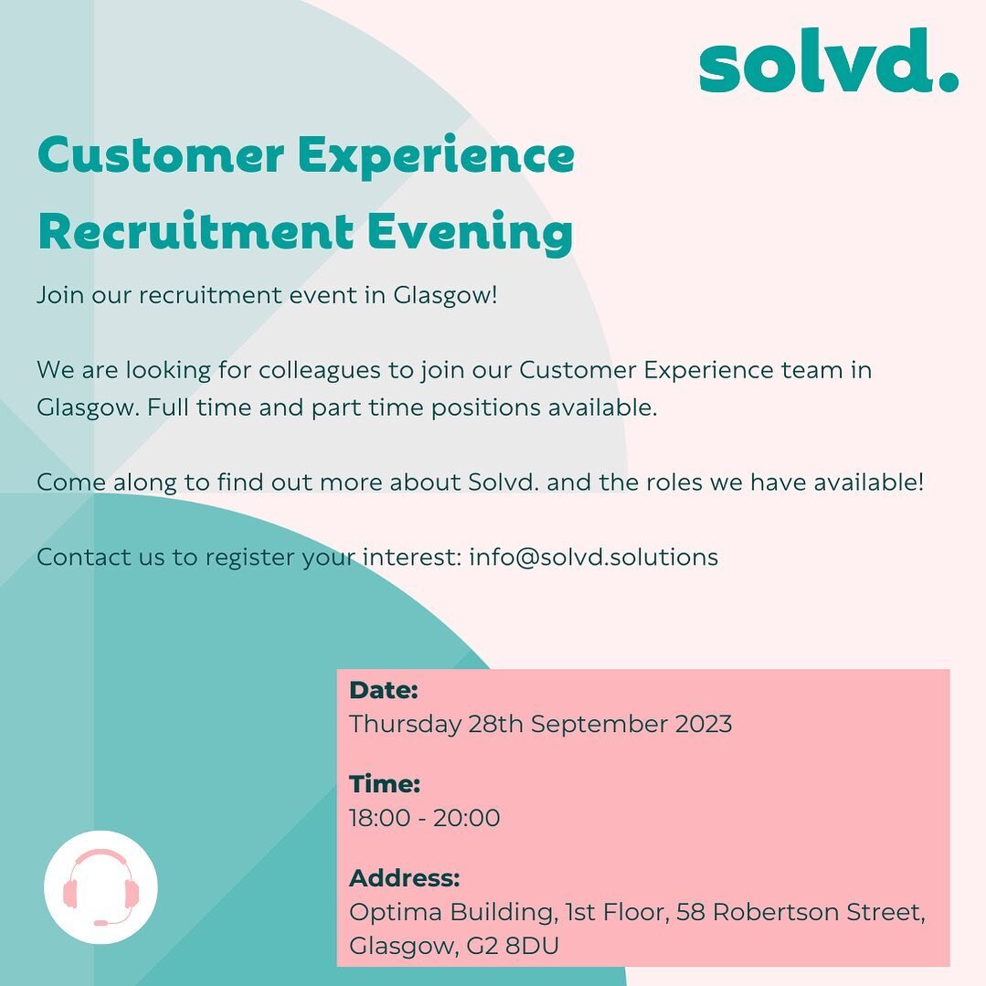 Join our Customer Experience Recruitment Evening on Thursday 28th September in Glasgow! 

Contact us to register your interest: info@solvd.solutions

#customerexperiencejobs #glasgowjobs #newopportunitiesawait