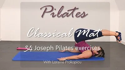 Loraine performing a Contrology mat sequence for the Mbodies 30‑minute Joseph Pilates 34 workout.