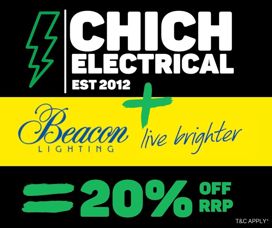 Through our partnership with Beacon Lighting we can exclusively offer our customers 20% off the RRP of all Beacon products. Contact us to find out more. T&amp;C&rsquo;s Apply*

* Customs must book job with Chich Electrical before discount code is gra