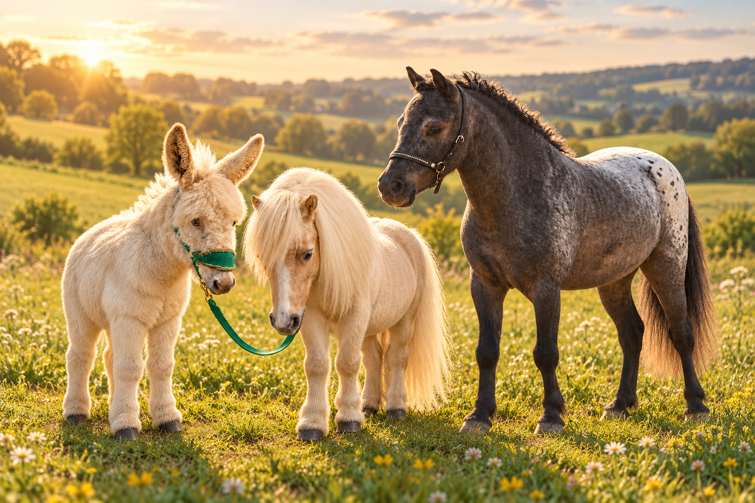 Donkey foal, cream-colored pony, and spotted horse standing in a sunlit meadow