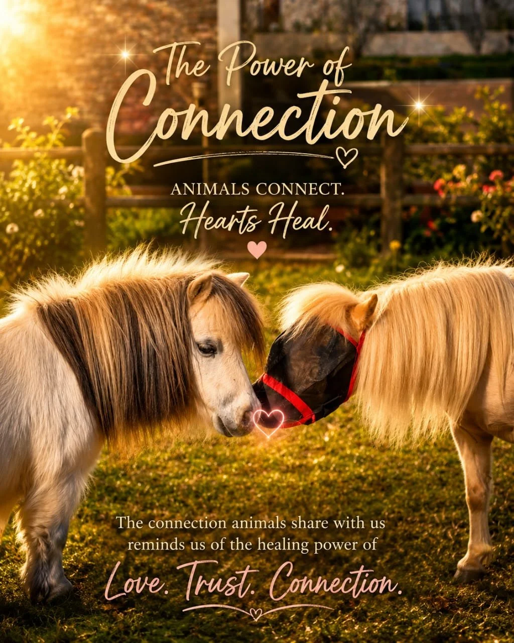 Two miniature horses touching noses in a grassy outdoor setting at sunset, with overlaid motivational text about connection and healing through animals.