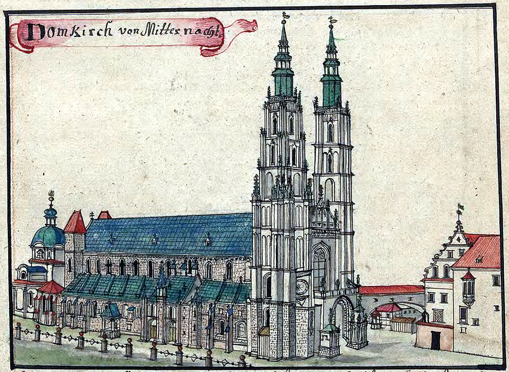 An 18th-century depiction of the Cathedral of St. John the Baptist on Ostrów Tumski.