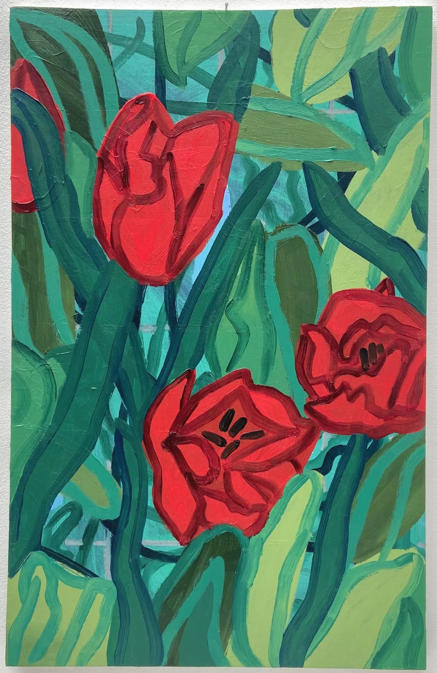 Tulips Over Pansies,
oil on plywood, 40 x 60cm 