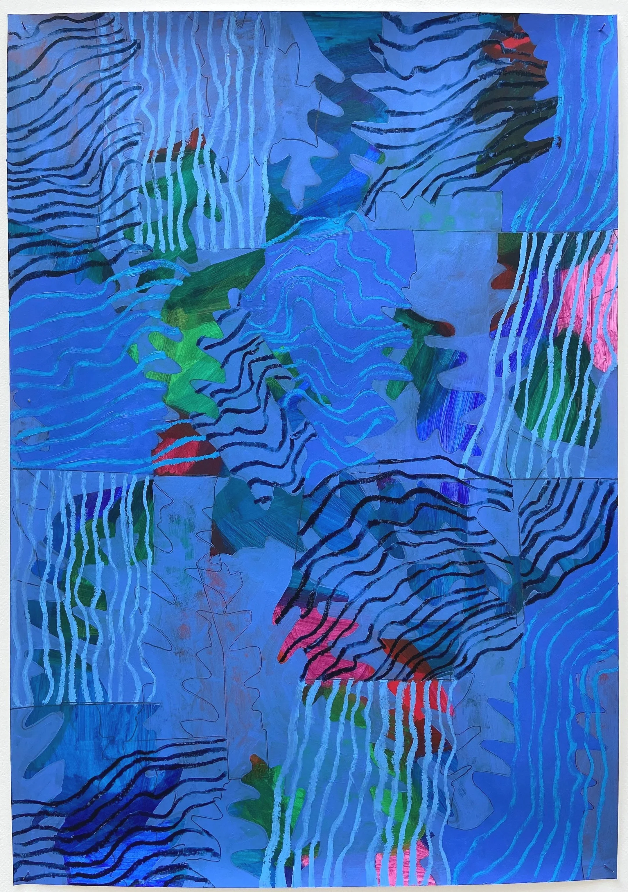 Reverberate, 2025, oil, acrylic & oil bar on paper, 70 x 100cm 