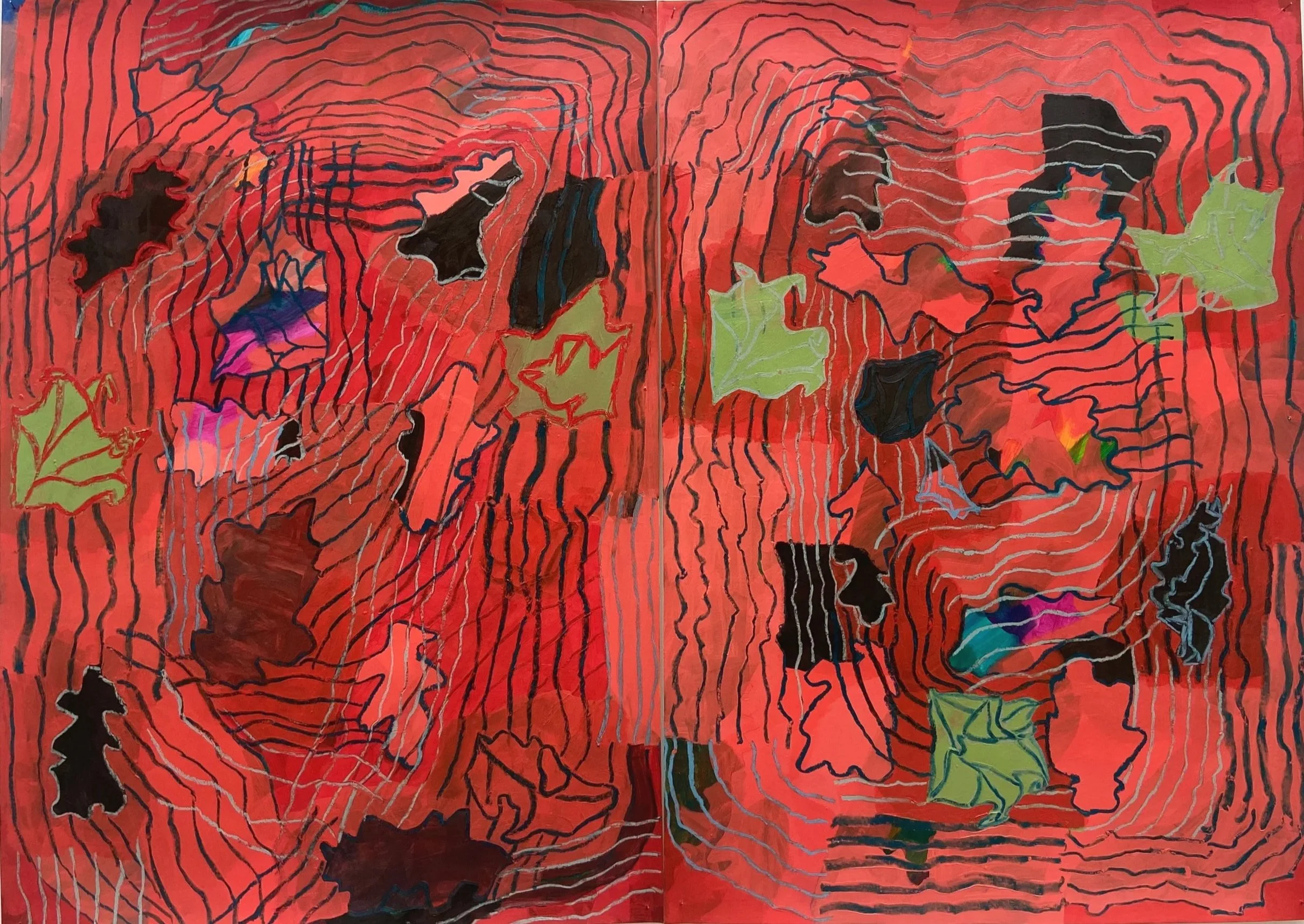 Abscission, 2025, oil, acrylic & oil bar on paper, 140 x 100cm (diptych) 