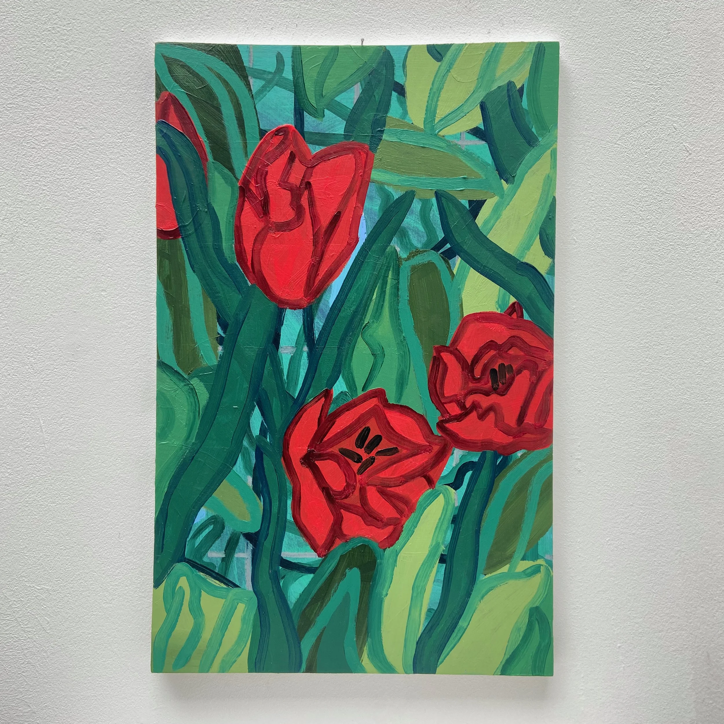 Tulips Over Pansies,
oil on plywood, 40 x 60cm