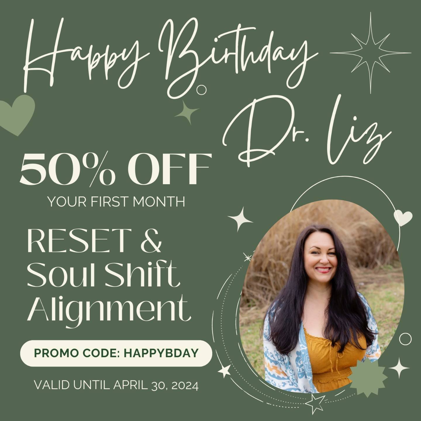 Happy Birthday Dr. Liz!! 🥳 🎂 
But YOU get a gift. Use code &quot;HAPPYBDAY&quot; for 50% off of your first month of RESET or Soul Shift Alignment! 🎁
.
Link in bio to join. Offer expires 4/30/24. Valid for new members only.
.
.
.
#innerchild #energ