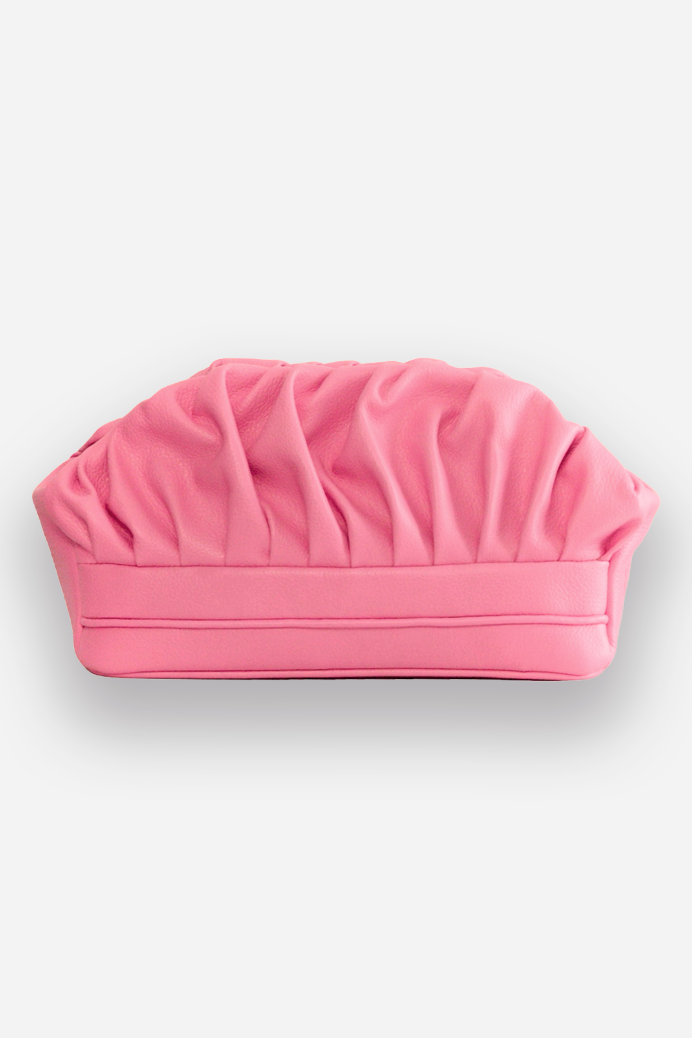 Pink clutch purse with pleated design on a white background.