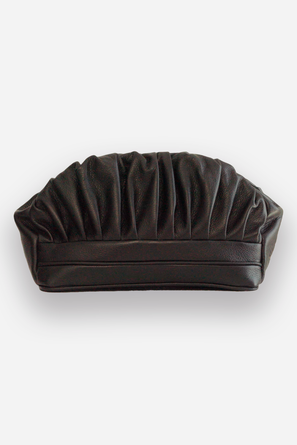 A black leather clutch bag with gathered detailing on the top half, placed against a plain white background.