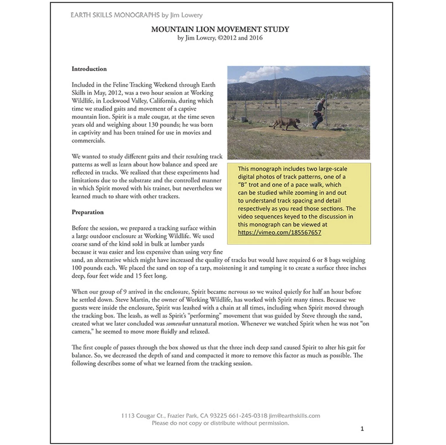 Mountain Lion Movement Study - by Jim Lowery & Mary Brooks - PDF DOWNLOAD
