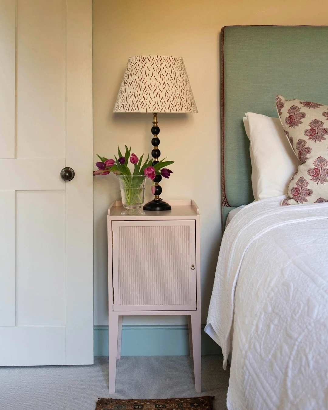 The two (green &amp; blue) bedrooms in our Hampshire Coach House project. Both in the eaves, and requiring bespoke joinery, beautiful window treatments and layers of cosy fabrics, patterns and colour. Both featuring our Mini Fluted Side Tables - perf