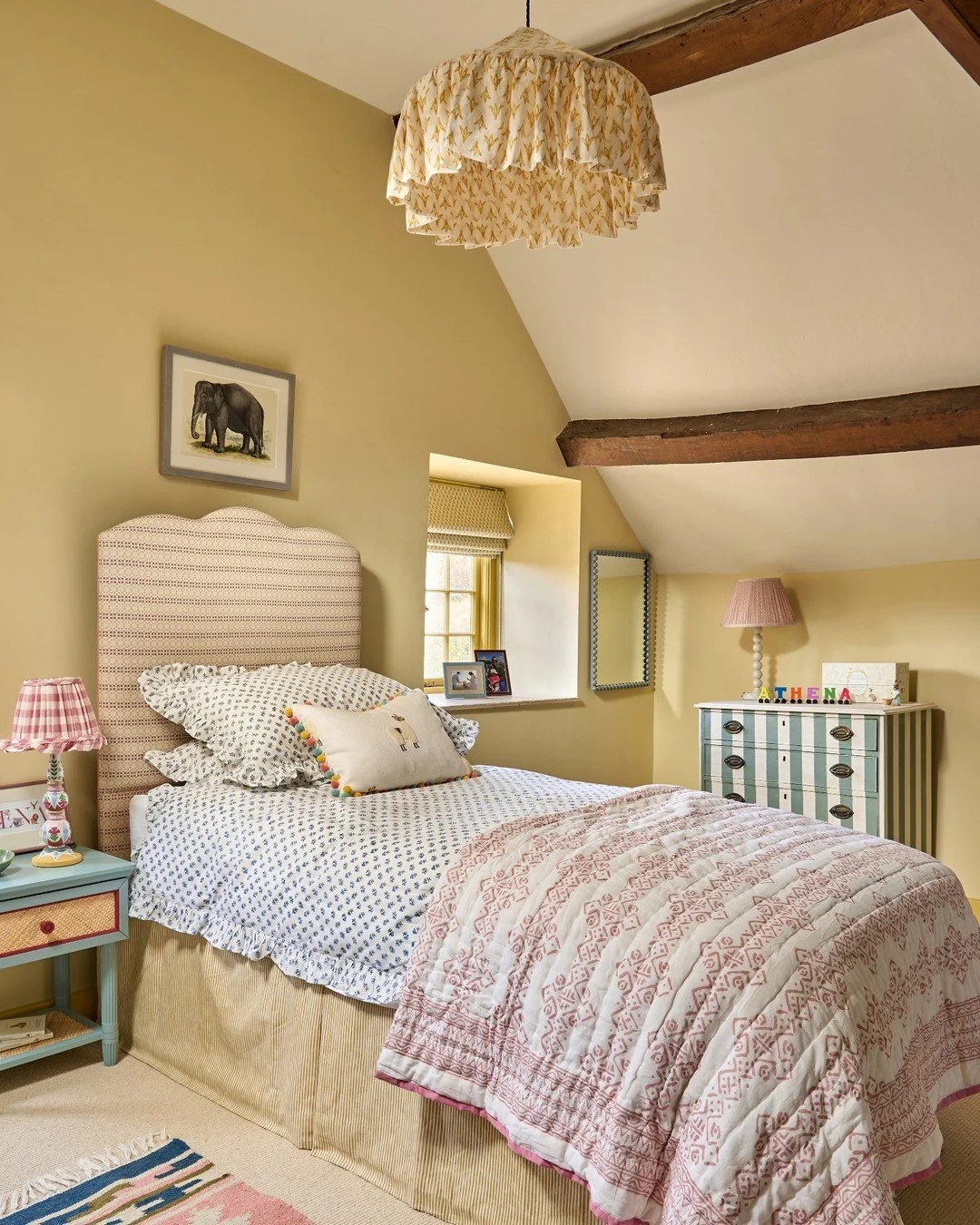 A cosy and pretty bedroom for a little lady in our recent project in the Cotswolds 💛 

Walls were painted in a soft, buttery yellow and we used a much brighter version for the woodwork and windows which really pops and is so fun for a little person'