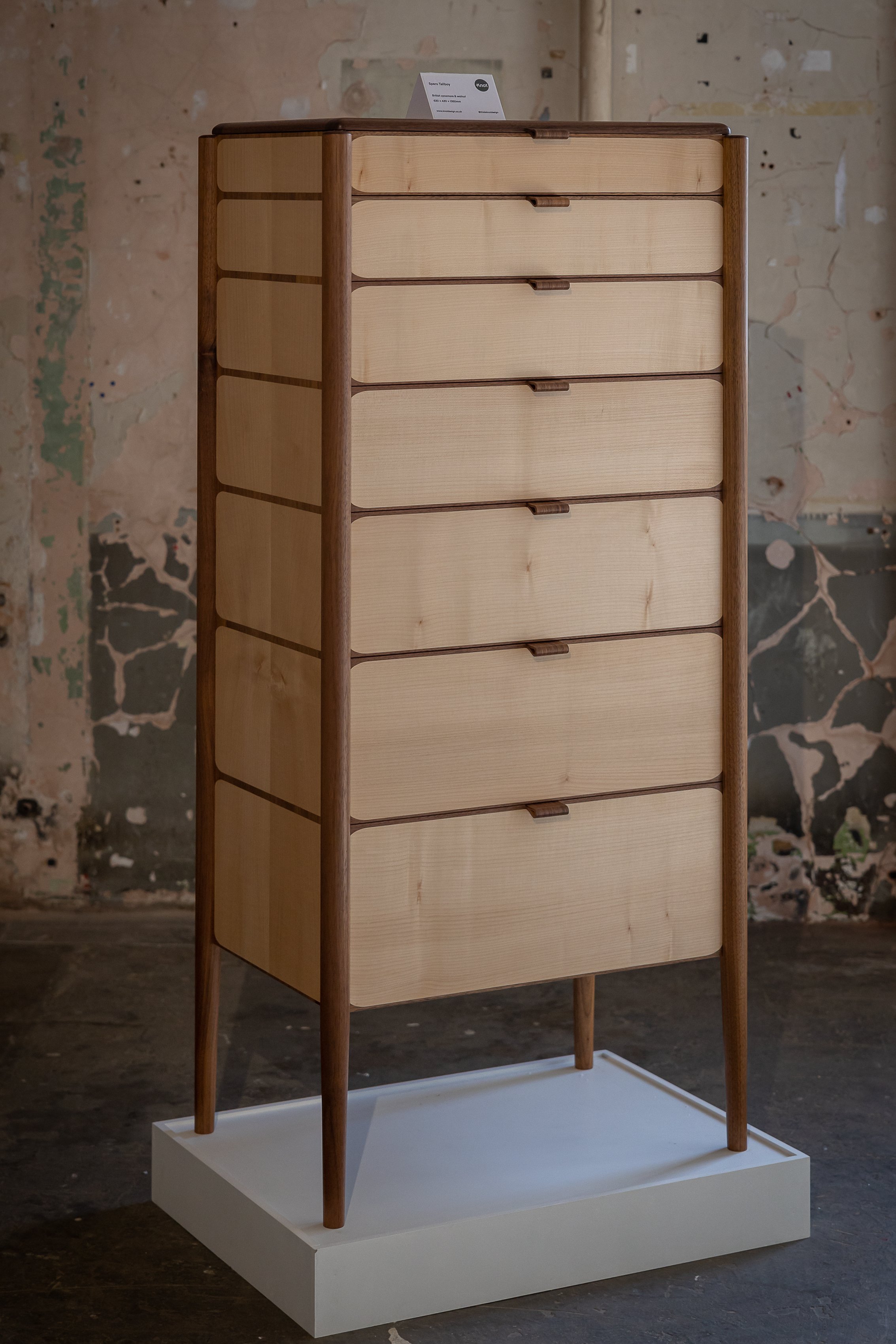 Spero tallboy in English sycamore with walnut detailing