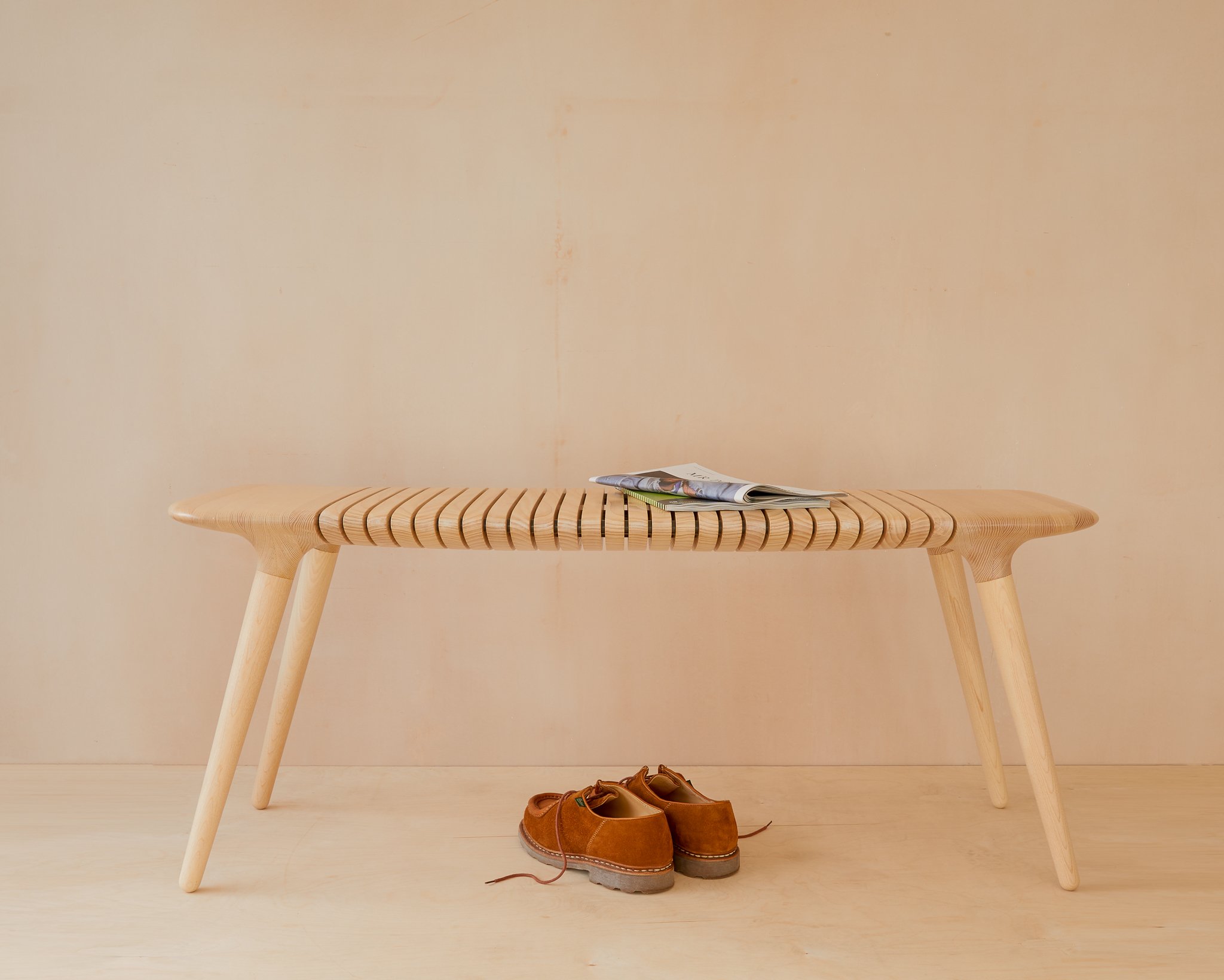 Stickle bench in bleached ash &amp; blackened brass