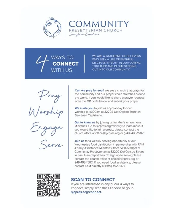 Flyer from Community Presbyterian Church in San Juan Capistrano promoting ways to connect: Pray, Worship, Engage, Serve. Includes a QR code for more information and contact details, mentioning Sunday worship and community services.