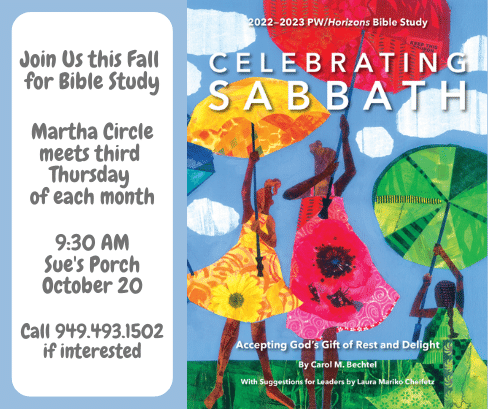 Flyer for a Bible study event featuring the book 'Celebrating Sabbath' by Carol M. Bechtel. The event is for the Martha Circle, meeting on the third Thursday of each month at 9:30 AM on October 20 at Sue's Porch. Attendees are invited to call 949.493.1502 for more information.