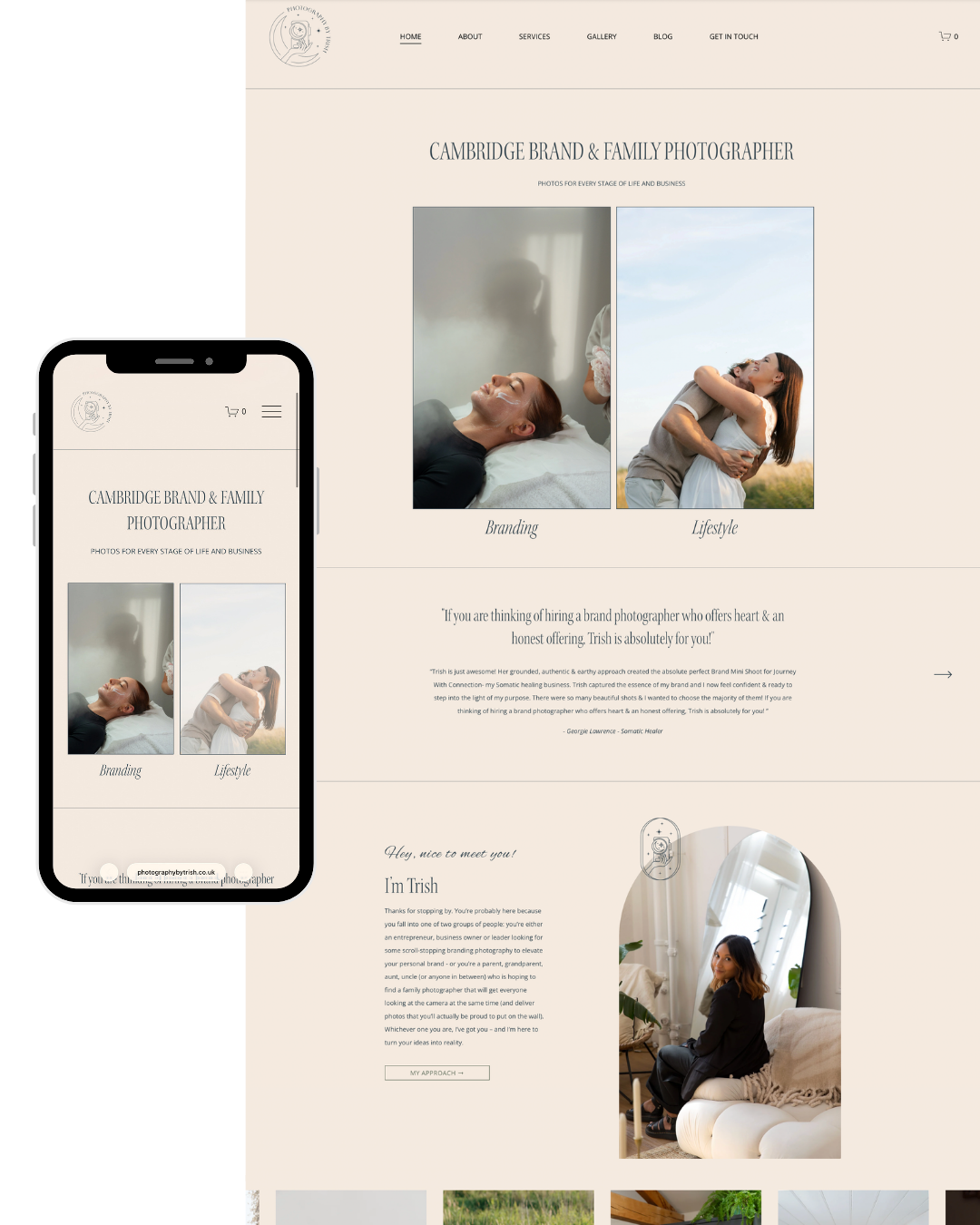 Screenshot of a website homepage featuring a woman in a yoga pose and a photographer, with a navigation menu, service categories, and an introductory section.